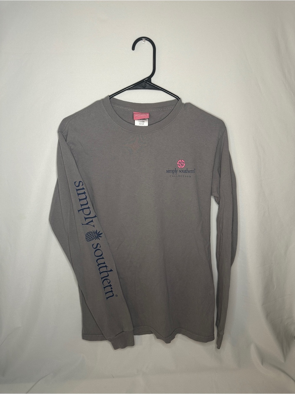 Simply Southern Gray Long-Sleeve Tee with Navy Sleeve Script and Pink Logo